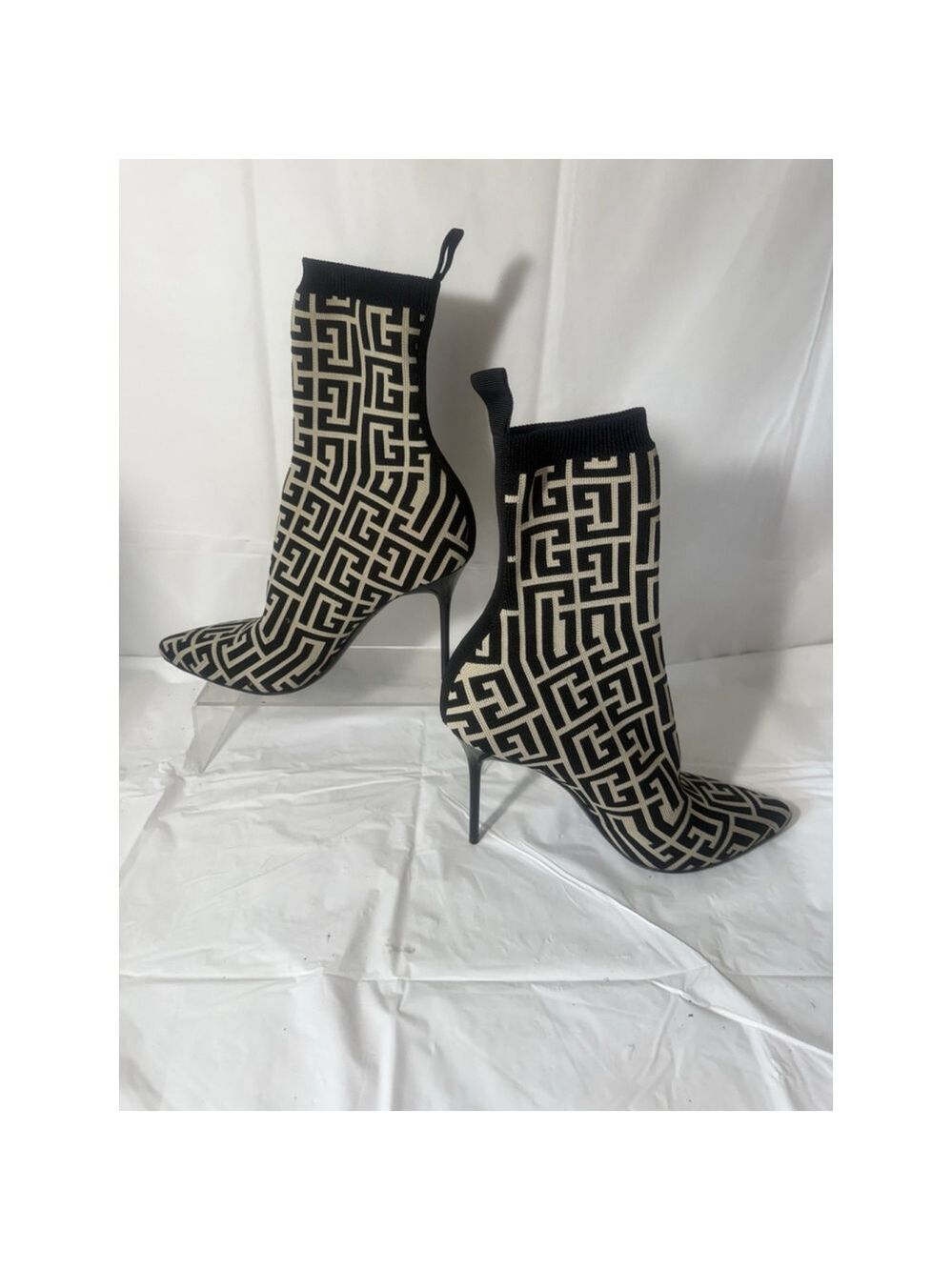 Balmain Skye Stretch Knit Ankle Boots EU 37 Monogram Pattern Made in Italy - Picture 6 of 16